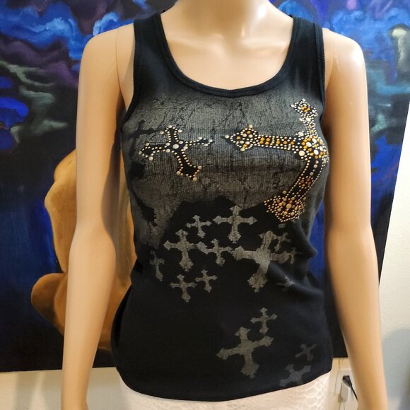 VocalUSA - Black Tank Top with Embellished Cross Pattern Size Small - Picture 3 of 14